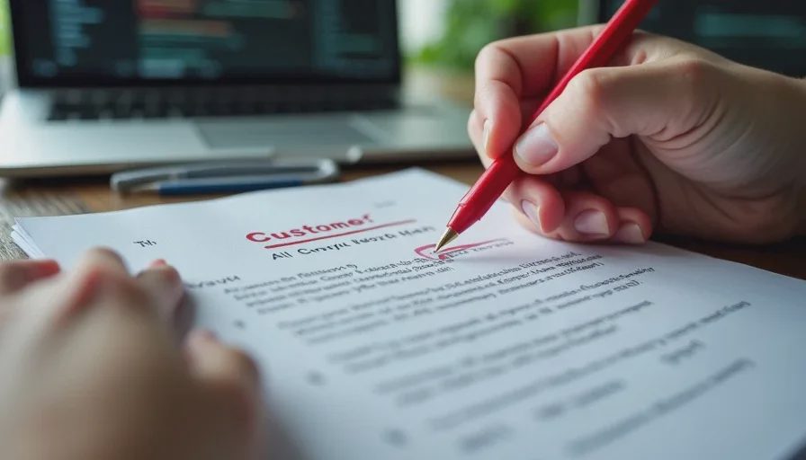 Agent correcting AI-generated reply with red pen and correction log.