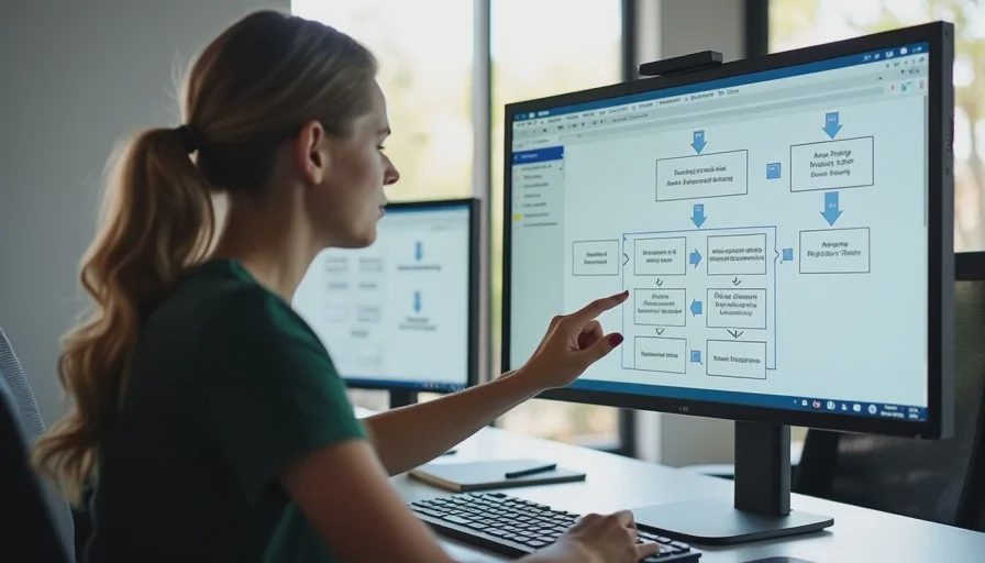 Admin mapping workflow on Lucidchart with SOP beside keyboard.