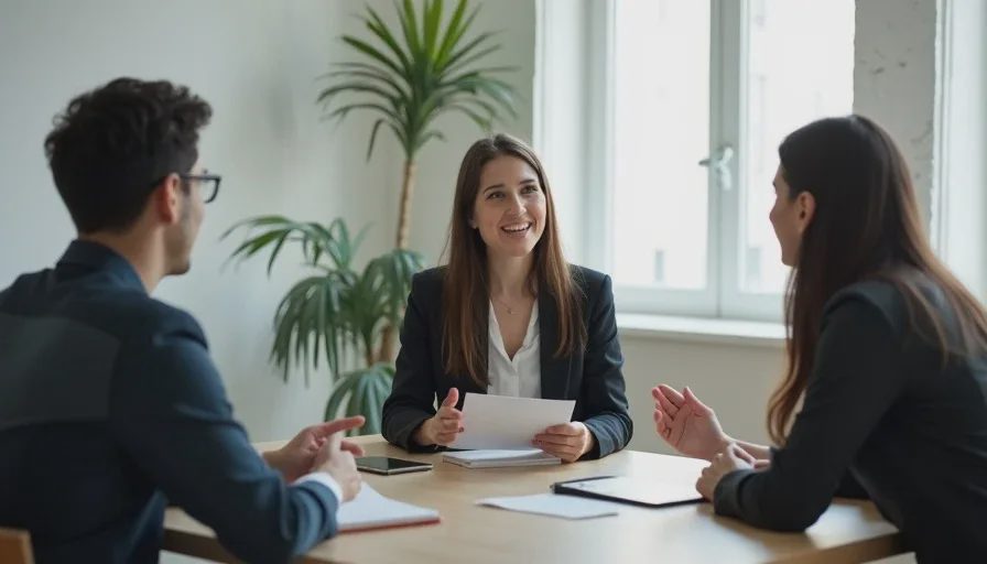 Person conducting user research interview in meeting room.