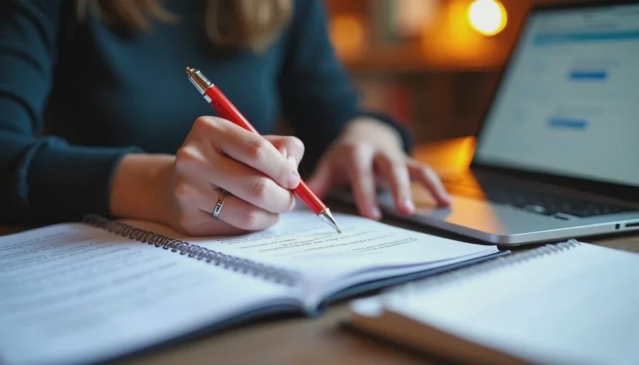 Teacher editing AI feedback with red pen and correction log.