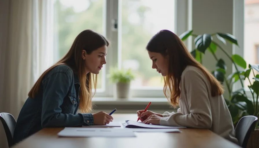 Teacher in one-on-one tutoring with student, no AI devices.