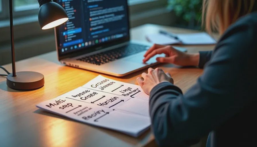Worker running five-task test on AI model with index cards.