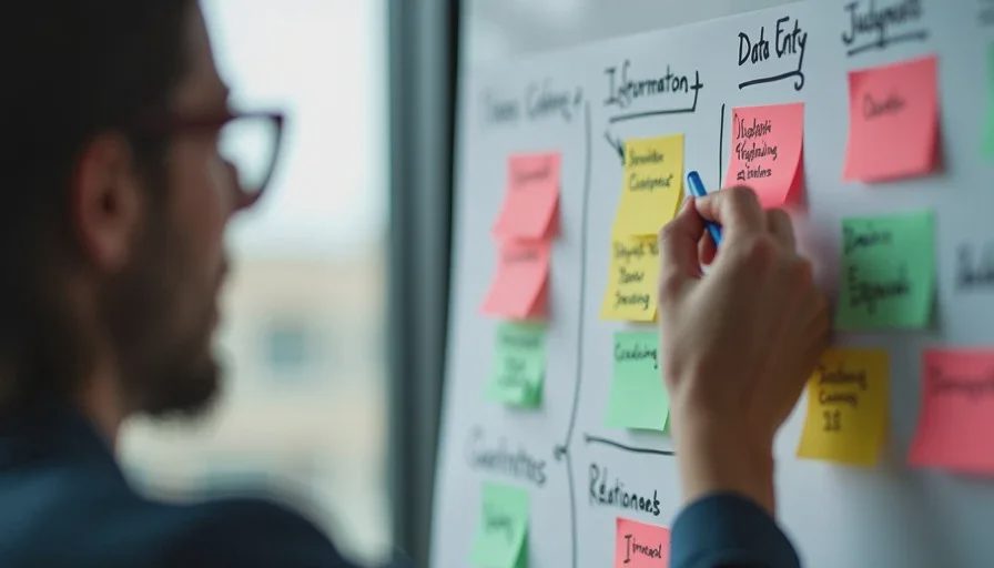 Worker mapping tasks on sticky notes for AI exposure.