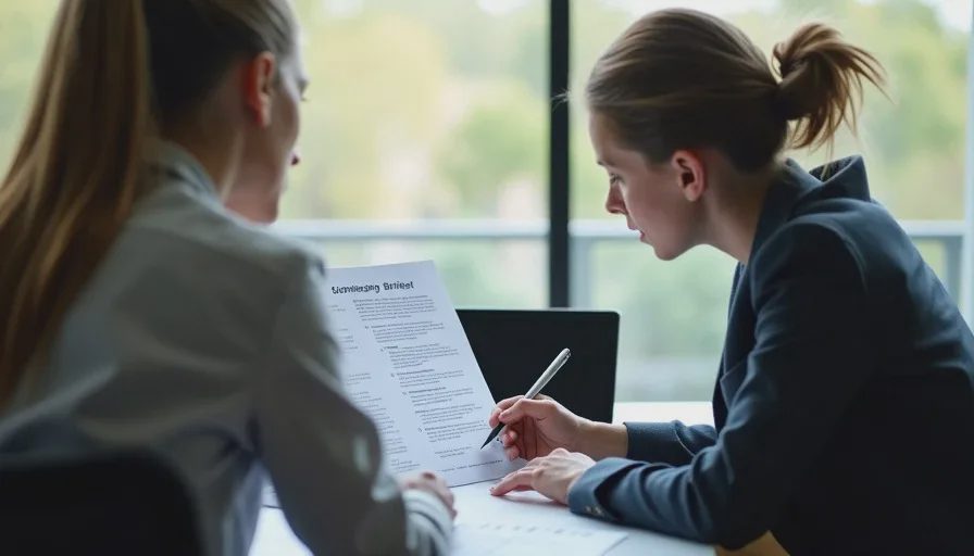 Junior candidate reviewing flawed landing page in job interview.