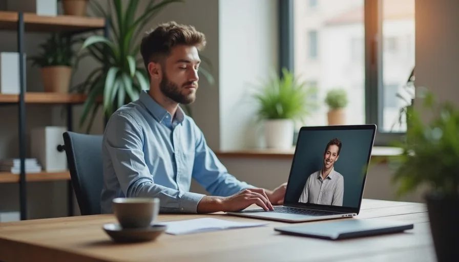 Remote worker at home with empty office desk.