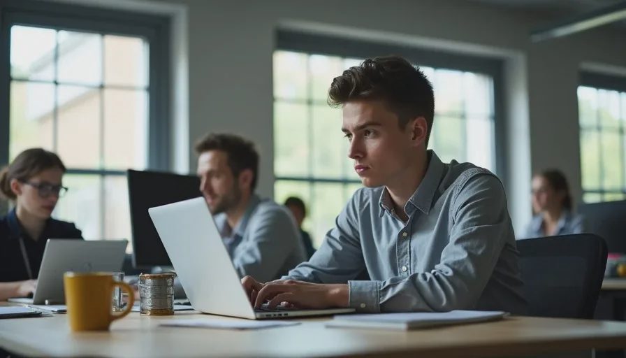 Young entry-level worker in AI-exposed office.